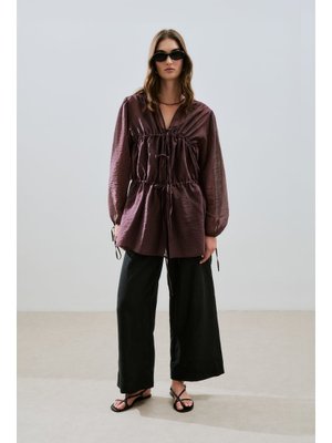 Bordo Büzgülü Bağlamalı Bluz