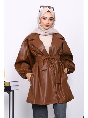 Taba Balon Kol Kuşaklı Deri Ceket