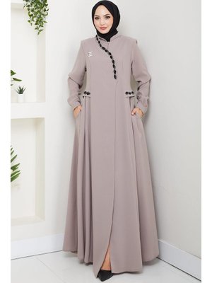 Bej Broşlu Büyük Beden Ferace