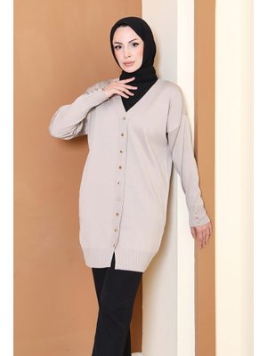 Bej Düğmeli Triko Hırka