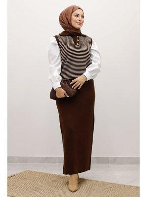 Kahverengi Çizgili Triko Süveter