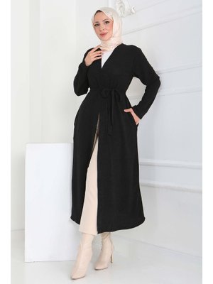 Siyah Sıyah Cepli Kemerli Uzun Hırka