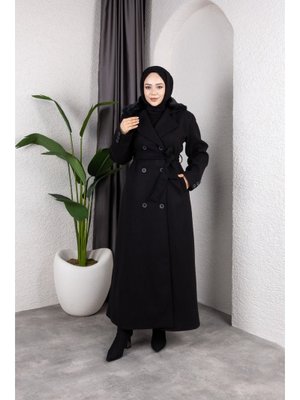 Kruvaze Kürk Yaka Kuşaklı Tam Boy Manto Kaban