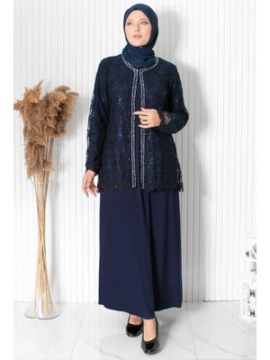Lacivert Dantelli Pul Payet Detay Abiye