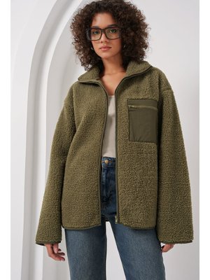 Haki Fermuarlı Oversize Peluş Ceket Mont