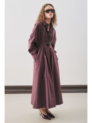 Mürdüm Pile Detaylı Gömlek Elbise