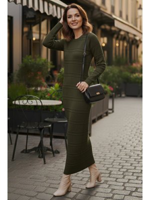 Haki Desenli Uzun Triko Elbise