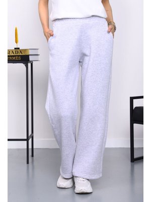 Gri Bel Lastikli Şardonlu Üç İplik Pantolon