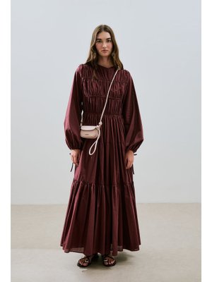 Bordo Büzgülü Uzun Kol Elbise