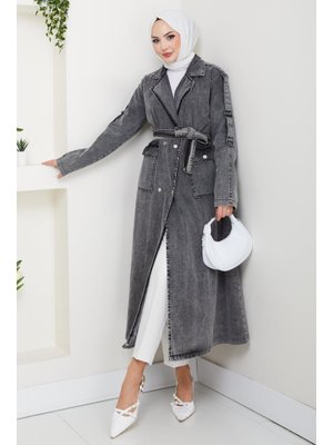 Cepli Kuşaklı Denim Koyu Gri Trençkot