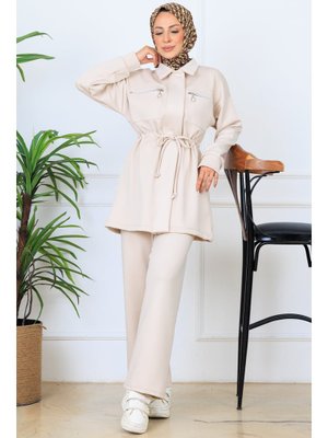 Taş Rengi Beli Büzgülü Fermuarlı Scuba Takım