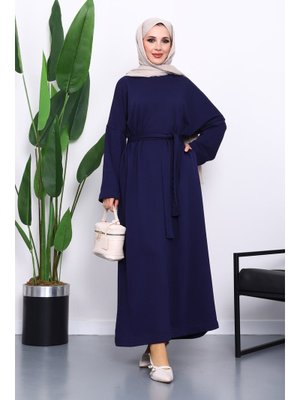 Lacivert Kuşaklı Üç İplik Elbise