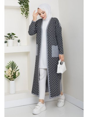 Zebra Desenli Çelik Örgü Cepli Triko Hırka