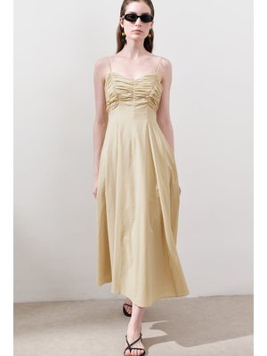Sarı Büzgü Detaylı Askılı Elbise Pastel