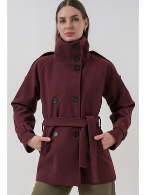 Bordo Kuşaklı Kaşe Kaban