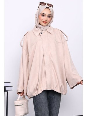 Taş Eteği Pileli Oversize Süet Ceket