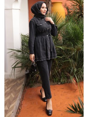 Siyah Taş İşlemeli Ceket Pantolonlu Kot Takım