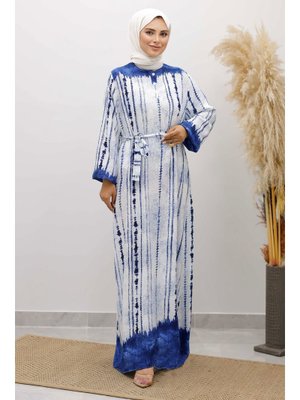 İndigo Batik Desenli Viskon Elbise