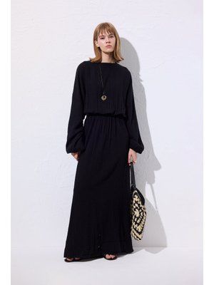 Siyah Müslin Beli Büzgülü Elbise