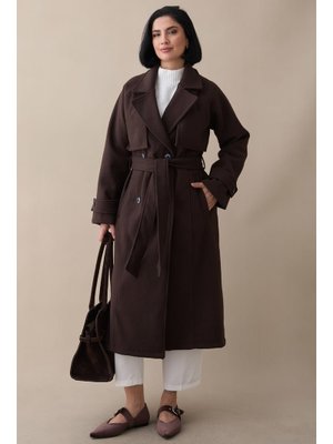 Kapaklı Kuşaklı Astarsız Acı Kahve Kaşe Kaban