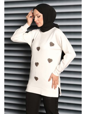 Beyaz Kalp Taşlı İşlemeli Modal Tunik