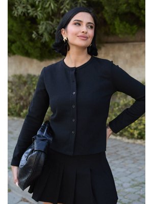 Basic Düğmeli Siyah Waffle Hırka