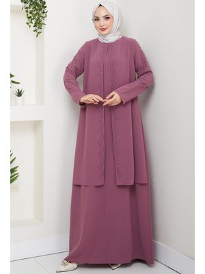 Gül Kurusu Büyük Beden Boncuklu Taşlı Anne Elbisesi