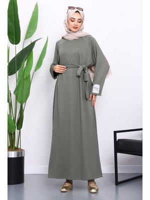 Haki Kolu Armalı Reglan Kol Basic Modal Kuşaklı Elbise