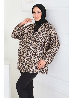 Bej Leopar Desenli Önden Bağlamlalı Ceket