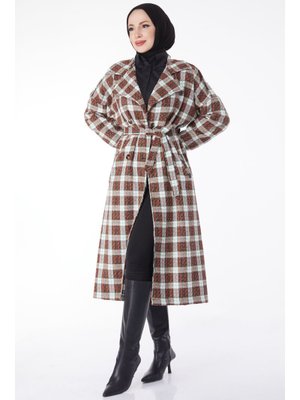 Oranj Kruvaze Yaka Kuşaklı Kaşe Kaban