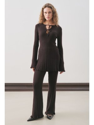 Kahverengi Volanlı Lastik Örgü Pantolon