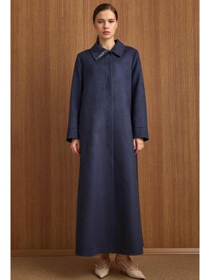 Lacivert Devrik Yaka Taş Detaylı Süet Görünümlü Büyük Beden Pardesü