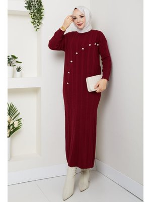 Taş Detaylı Büyük Beden Fitilli Uzun Triko Elbise