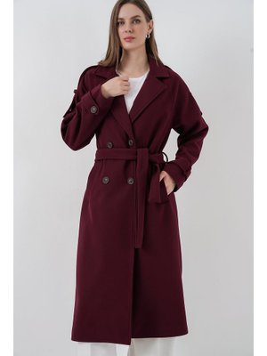 Bordo Kuşaklı Kaşe Kaban