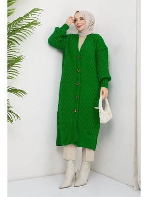 Antrasit Sepet Örgü Düğmeli Tam Boy Triko Hırka