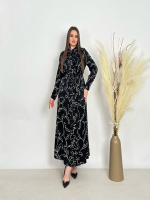 Siyah Büyük Beden Gömlek Yaka Büzgü Düğmeli Kemerli Elbise