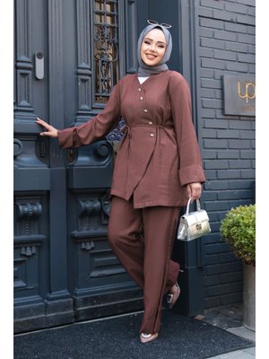 Düğme Detaylı Kahverengi İkili Takım 19029kh