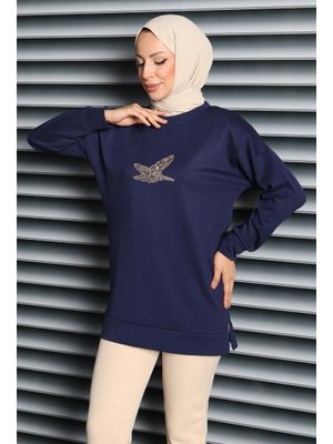 Lacıvert Lacivert Kuş Taşlı İşlemeli Modal Tunik