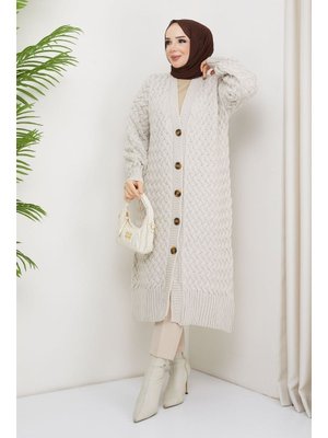 Antrasit Sepet Örgü Düğmeli Tam Boy Triko Hırka