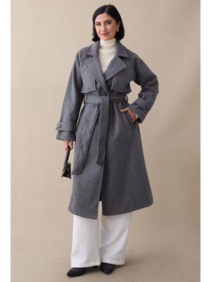 Kapaklı Kuşaklı Astarsız Antrasit Kaşe Kaban