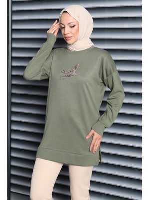 Hakı Haki Kuş Taşlı İşlemeli Modal Tunik