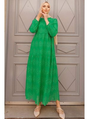 Kol Ucu Lastikli Yeşil Elbise 1073y