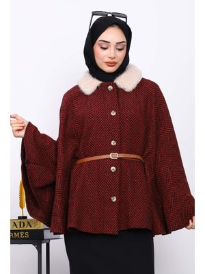 Bordo Yaka Kürklü Kemerli Panço