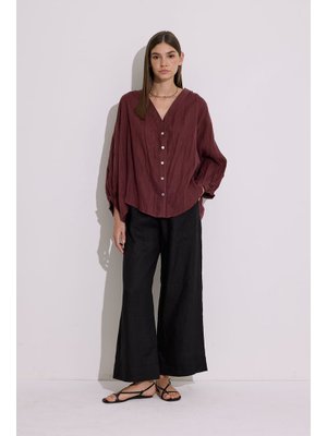 Keten Crush Düğmeli Bluz Erik Çürüğü