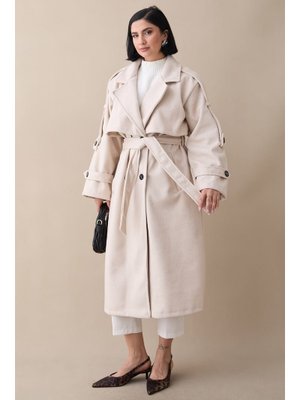 Apoletli Kuşaklı Astarsız Oversize Krem Kaşe Kaban