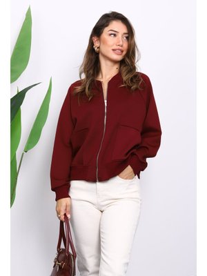 Bordo Fermuarlı Scuba Kısa Ceket