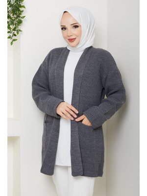 Kol Ağzı Katlamalı Cepli Midi Boy Hırka