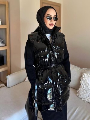 Fermuarlı Cepli Siyah Parlak Şişme Yelek