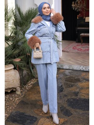Mavi Kol Yaka Kürklü Kot Ceket Pantolonlu Takım