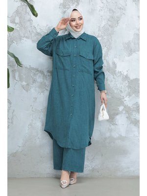 Düğmeli Petrol Mavisi İkili Takım 44661pm